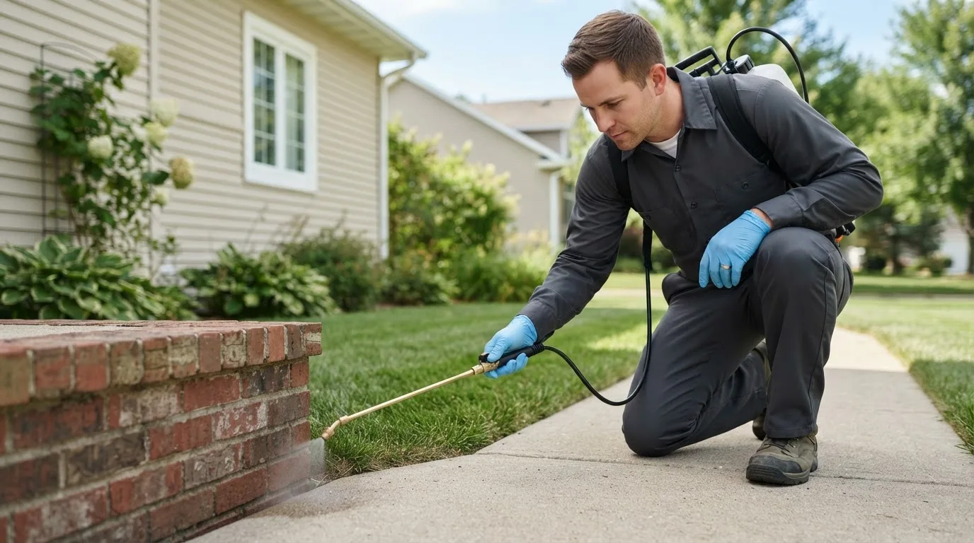 Pest control technician treating a home near Woodburn, IN